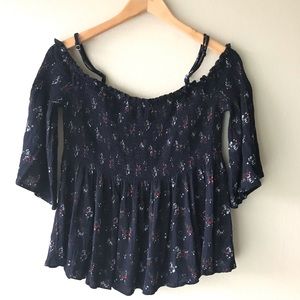 Blush Brand Black Flowy Floral Cinched Cold Shoulder Top